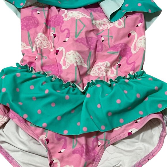 Girls Flamingo Print Ruffled One-Piece Swimsuit Pink & Green Size 10 - Picture 2 of 3